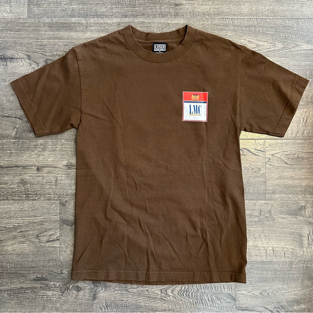 Loser Machine Men’s small brown T-shirt w/ vintage cigarette pack LMC logo